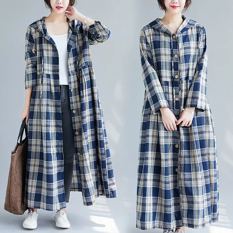 

vinage Long Plaid Trench Coat Women Clothing 2023 New Spring Autumn Korean Large Size Shirts Long Sleeve Hooded Windbreaker b432