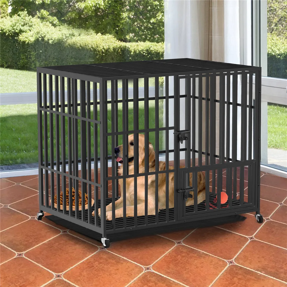 Imagem -03 - Bingopaw Heavy Duty Dog Cage Metal Pet Crate Portas Fechaduras Design Canil Playpen Rodas Bandeja Removível 37 42 46