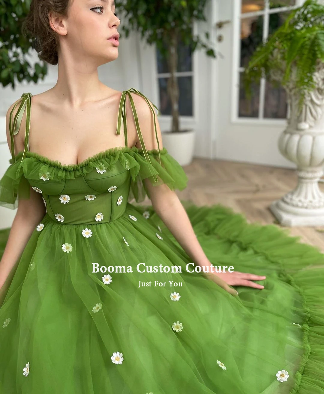 Booma Groen Uit De Schouder Prom Dresses Spaghettibandjes Ruches Thee-Lengte Prom Jassen Daisy Bloemen Wedding Party Jurken