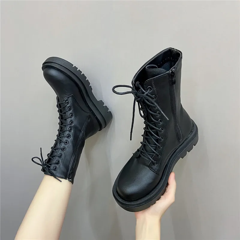 COOTELILI Women Ankle Boots PU Leather 2024 Winter Woman Boots Platform Boots Shoes 5cm Heel Lace UP Zip Plus Size 41 42 43