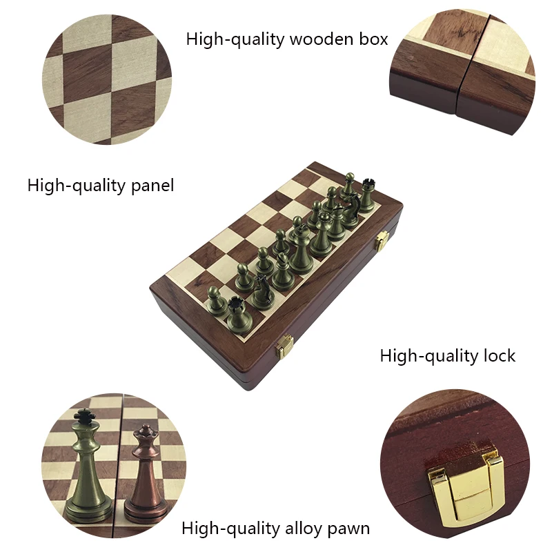 

High-end Wooden Folding Chessboard Retro Metal Alloy Chess Pieces Chess Game Set 30*30cm Chessboard Friends Gift Entertainment