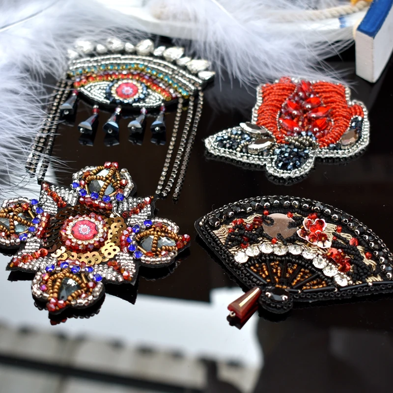 Flower Sew-on Folding Fan Patches Badges Crystal Beads Appliques wholesale Jellyfish Patches T-shirt Diy Bags Decor