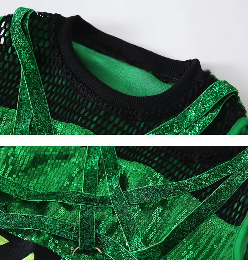 Green Children Sequin Hip Hop Dance Costume Sparkly Stage Jazz Dance Costumes Suit Girls Performance Outfits Clothing