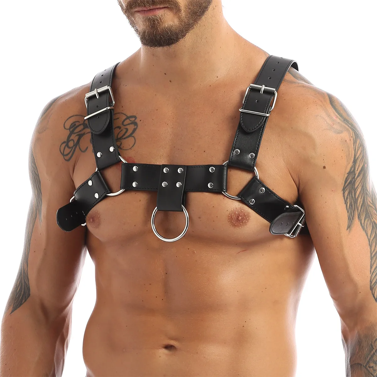 Mens Black Leather Punk Rave Body Chest Harness Gay Clothing Adjustable Buckle Straps Hot Sexy Body Chest Strap Gothic Clubwear