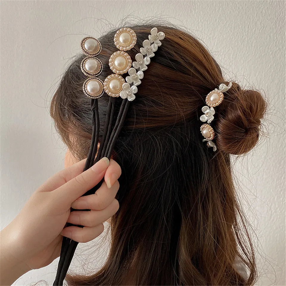 Vintage Shell Pearl Hair Bun Maker Hairstyle Womans Elegant Flower Wild Hair Stick Scrunchies Banquet Wedding  Hair Accessories