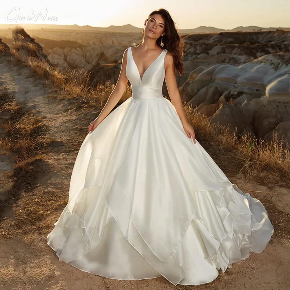 Vestido De Novia Modern Satin A Line abiti da sposa Smple V Neck Tank Sleeve Bride Dresse Backless Court Train Plus Size