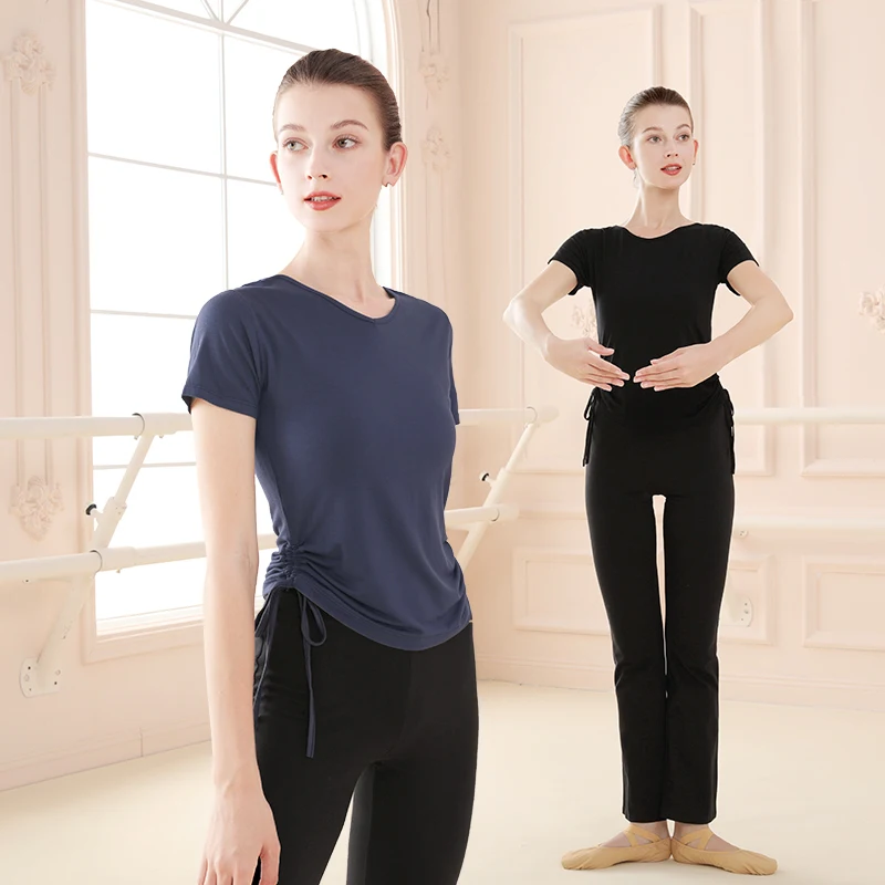 Ballet Tops Adult Ballet Drawstring Bandage Tops Modal Short Sleeve V Neck Tops Dance T-shirt Woman Dancewear Training Suit