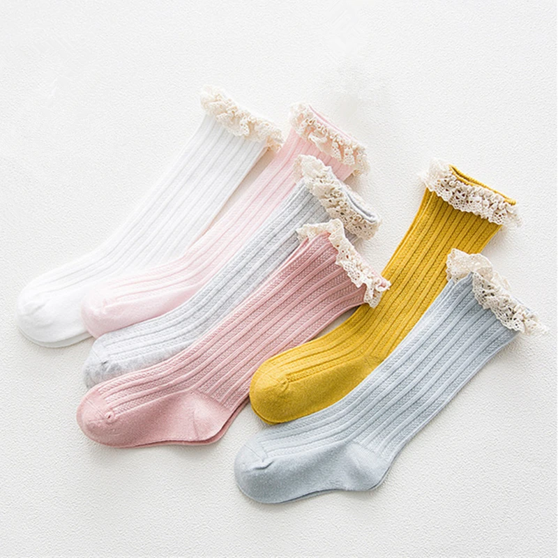 New Girls Knee High Socks With Lace Ruffle Children\'s Princess Sock Kids Cotton Long Soft Socken Leg Warmers For 1-8 Years