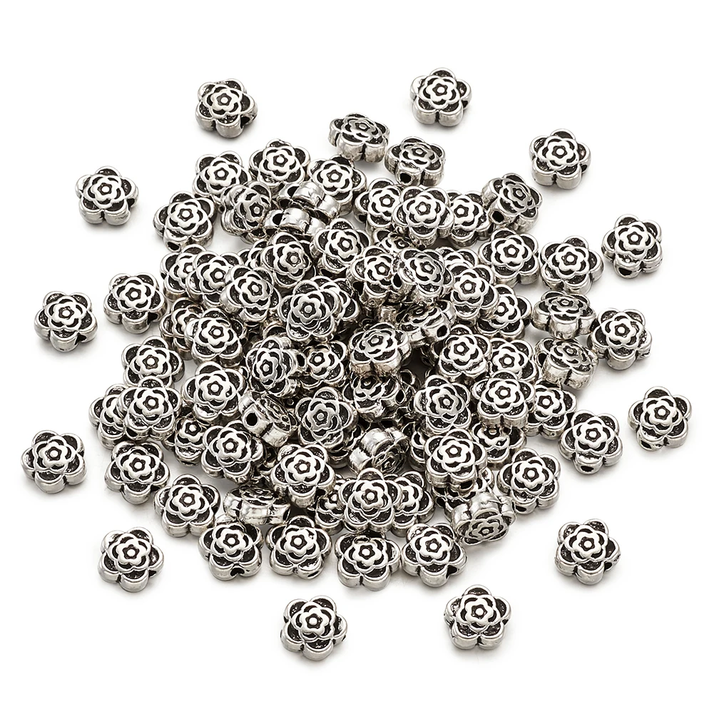 

100pcs Tibetan Antique Silver Color Flower Loose Beads Spacer Charms Beads for DIY Jewelry Making Bracelet Accessories 7x4mm