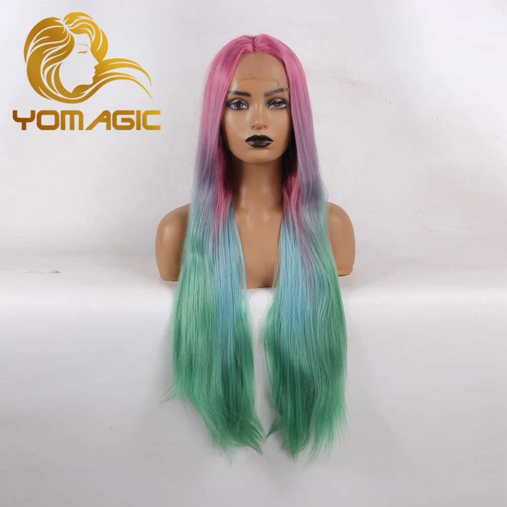 Yomagic Colorful Synthetic Hair Lace Front Wigs for Women Natural Hairline Straight Glueless Lace Wigs Pink Blue Green