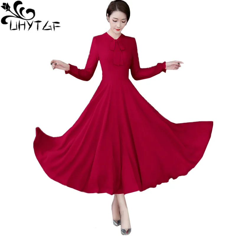 UHYTGF Fashion Chiffon Spring Dress Women Big Swing Temperament Female Long Dress Red Black Ladies Elegant Big Size Dresses 1422