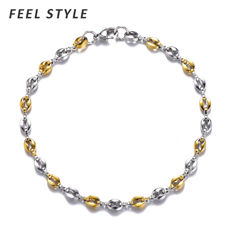 Width 4.5mm Fashion Coffee Beans Chain Bracelet Two tone color Stainless Steel Pulseras For Men Women Jewelry