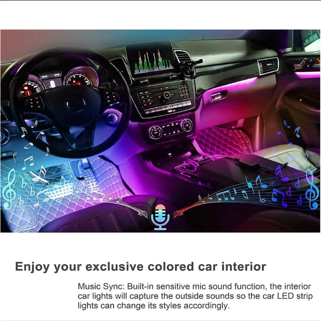 LED Car Interior Strips Lights for Cars, APP Control, DIY Colors, Music Microphone Control