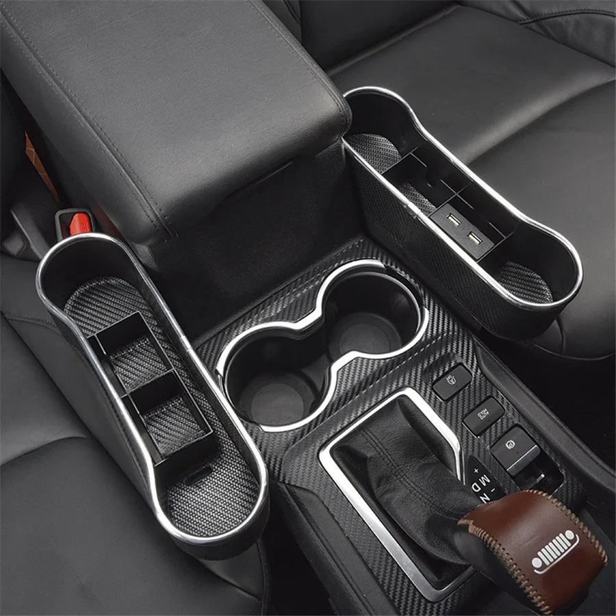 2PC Black Carbon Fiber Car Seat Gap Mobile Phone Change Storage Box USB Charging