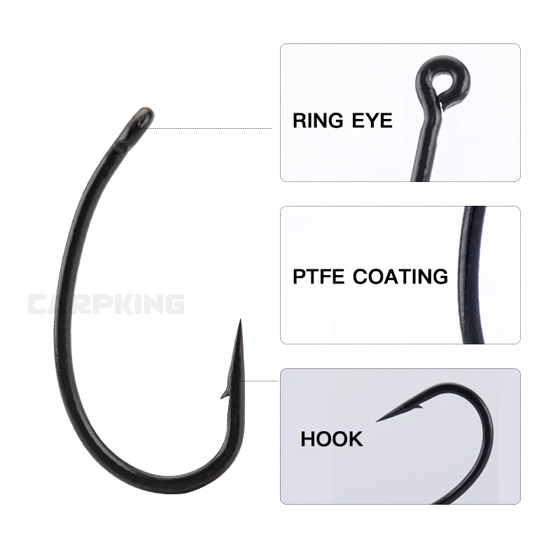 Carpking ptfe revestimento gancho de aço carbono alto 10 pces forma agressiva gancho com farpa carpa ganchos de pesca bens para equipamento de pesca