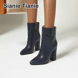 Sianie Tianie pelle di coccodrillo DELL'UNITÀ di elaborazione di cuoio della donna stivali punta a punta blocco tacchi alti giallo navy slip-on delle donne di modo caricamenti del sistema della caviglia