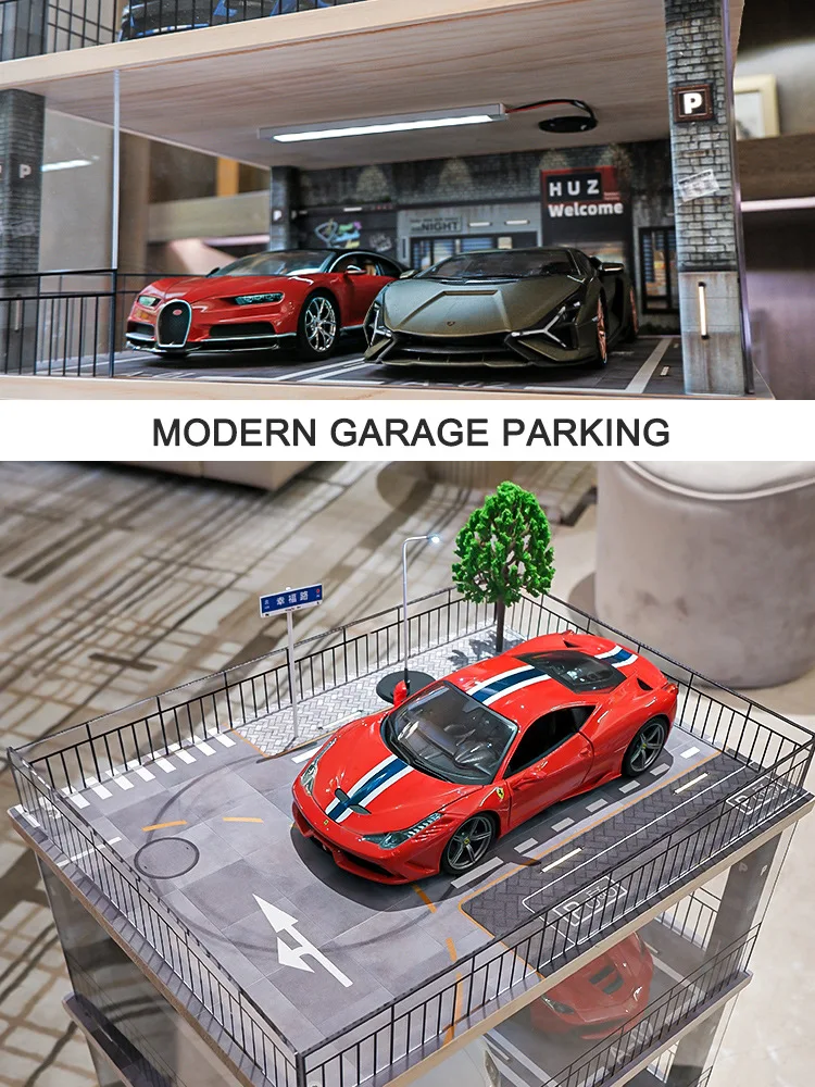 Car Building Miniature Parking Lot 1 18 Car Model Diorama Led Light Street View Acrylic Garage Dustproof Display Box Car Model C