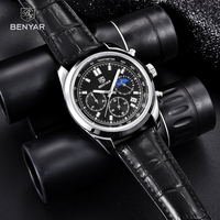 BENYAR Men's Watches Top Brand Luxury Business Chronograph Quartz Watch Men Luminous Leather Waterproof Sport Moon Phase Relogio