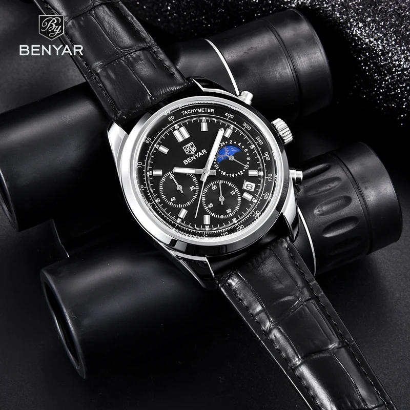 BENYAR Mens Watches 2023 New Top Brand Luxury Business Chronograph Quartz Watch For Men Leather Waterproof Sports Reloj Hombre