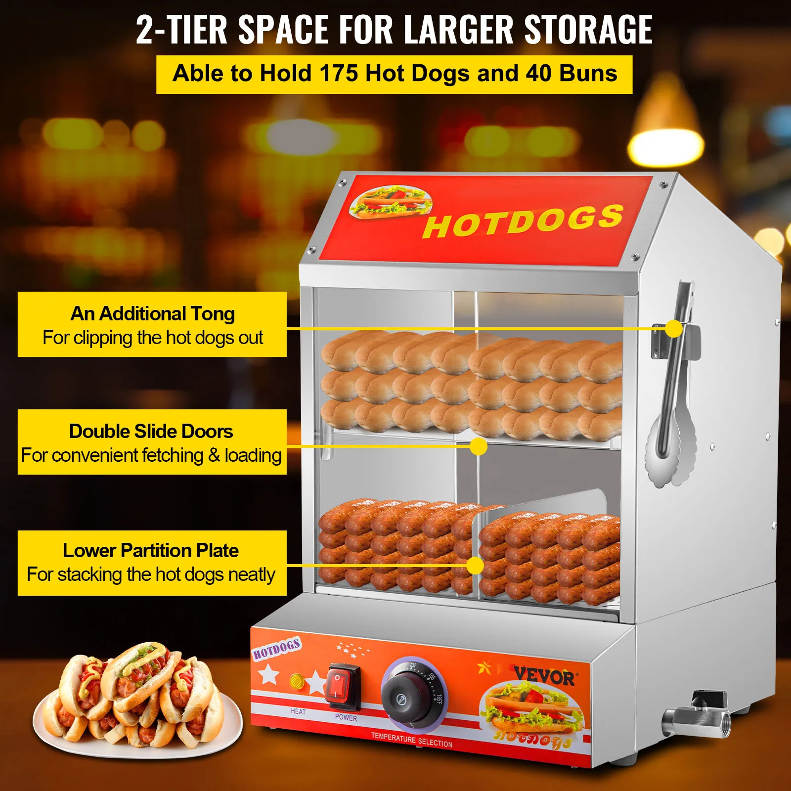 VEVOR 2ชั้นฮอตดอก Steamer ทำความสะอาดง่ายสแตนเลส Spacious ไฟฟ้า Bun อุ่นหม้อหุงข้าวกระจกนิรภัยสไลด์ประตู