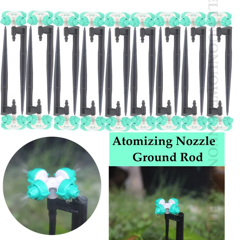 4 Sets 4-Head Garden Atomizing Nozzle Mist Sprinkler Kits With Length 13-50cm Ground Rod Watering Sprinklers Garden Irrigation