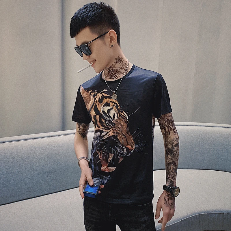 Tiger Head Printing T Shirts Mens Social Camisa Homens 2020 Summer Night Club Outfits Slim Fit Short Sleeves Mode Man Kledin