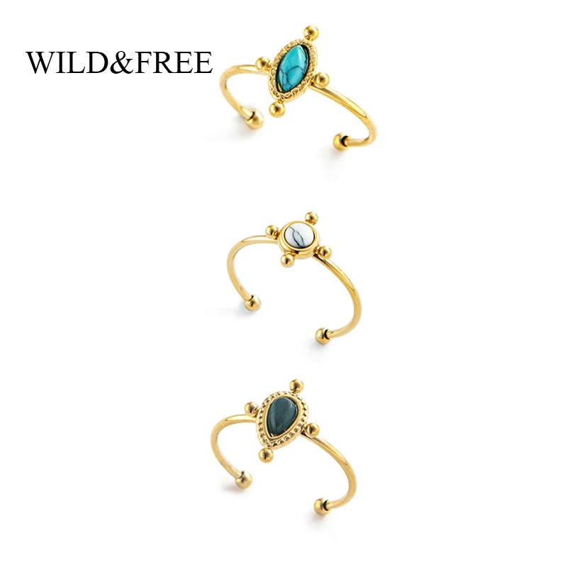 

New Boho Geometric Stone Rings For Women Stainless Steel Gold Plated Stackable Finger Ring Blue Geen White Stone Jewelry