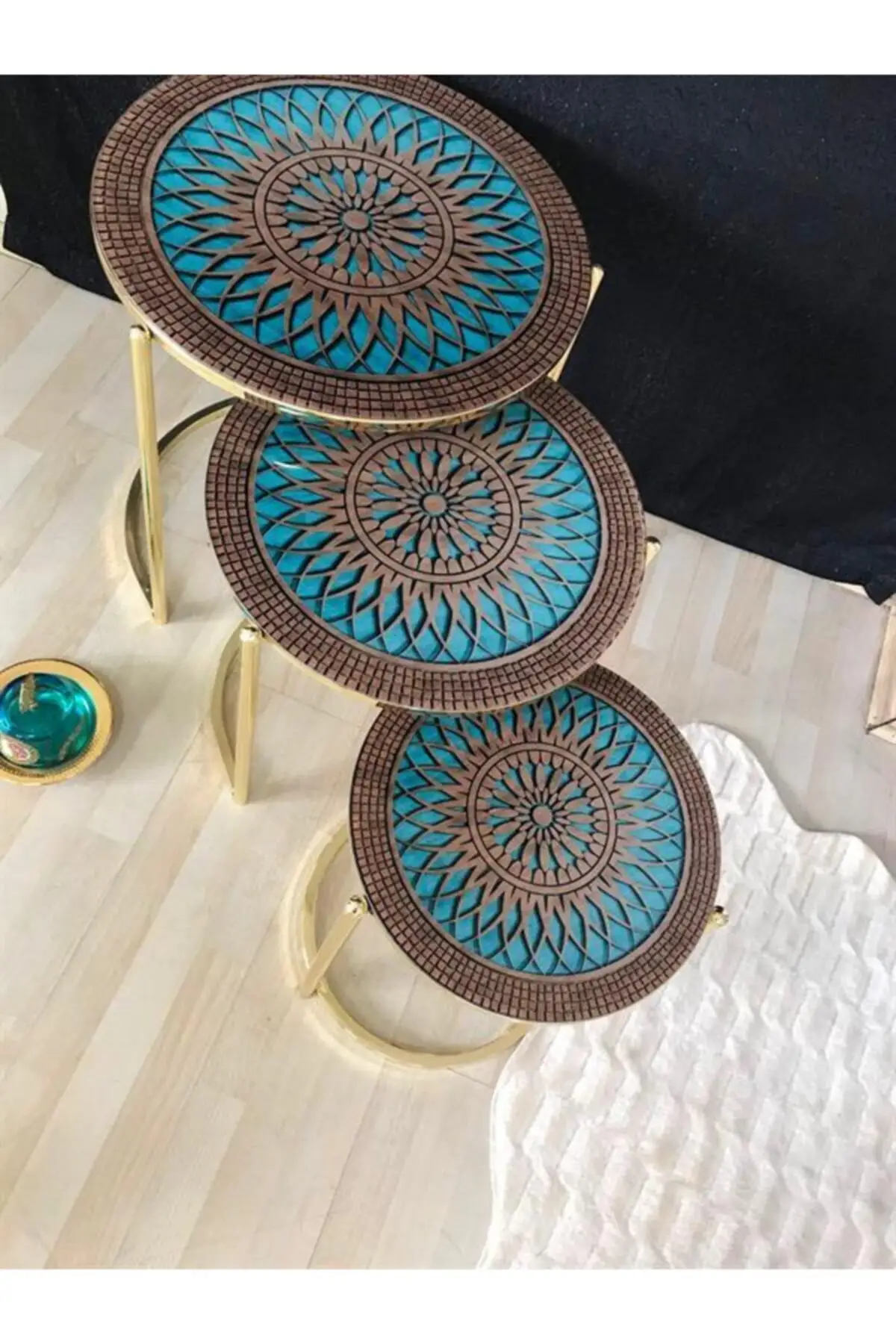 Lux 3 pcs Zigon Coffee Table Set (Gold Metal Toe Over Patterned Glass)