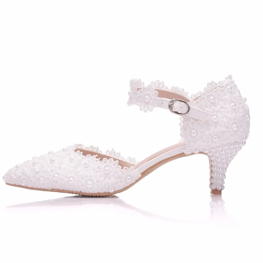 Crystal Queen Women White Lace Wedding Shoes 5CM High Heels Pumps Sweet Princess Party Mary Janes