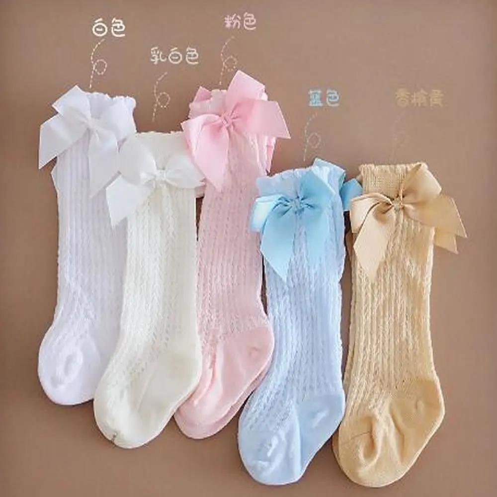 Cute Girls Knee High Socks Bows Cotton Breathable Soft Children Sokken Hollow Out Non-slip Newborn Infant Long Sock