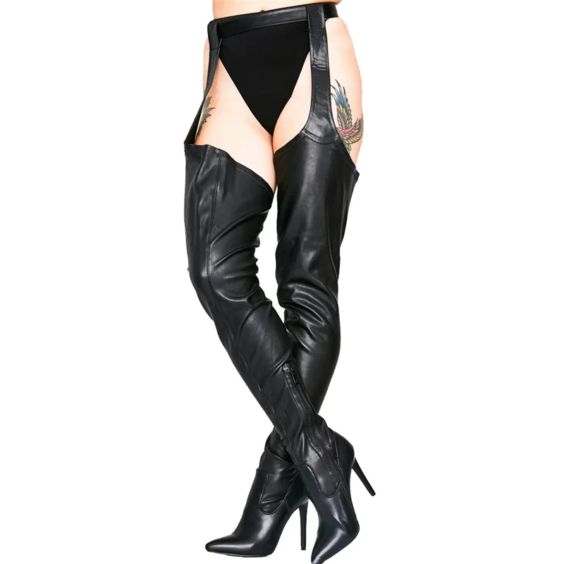 Sexy Black Leather Crotch High Boots Women Pointed Toe Belted Buckle Thigh High Boots Stiletto High Heels Over The Knee Boots