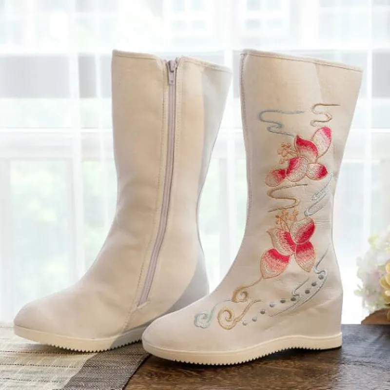 Autumn Woman Vintage Mid-Calf Boots Floral Embroider Height Increased Ladies Booties Ethnic Dancing Shoes for Women Zip Boot