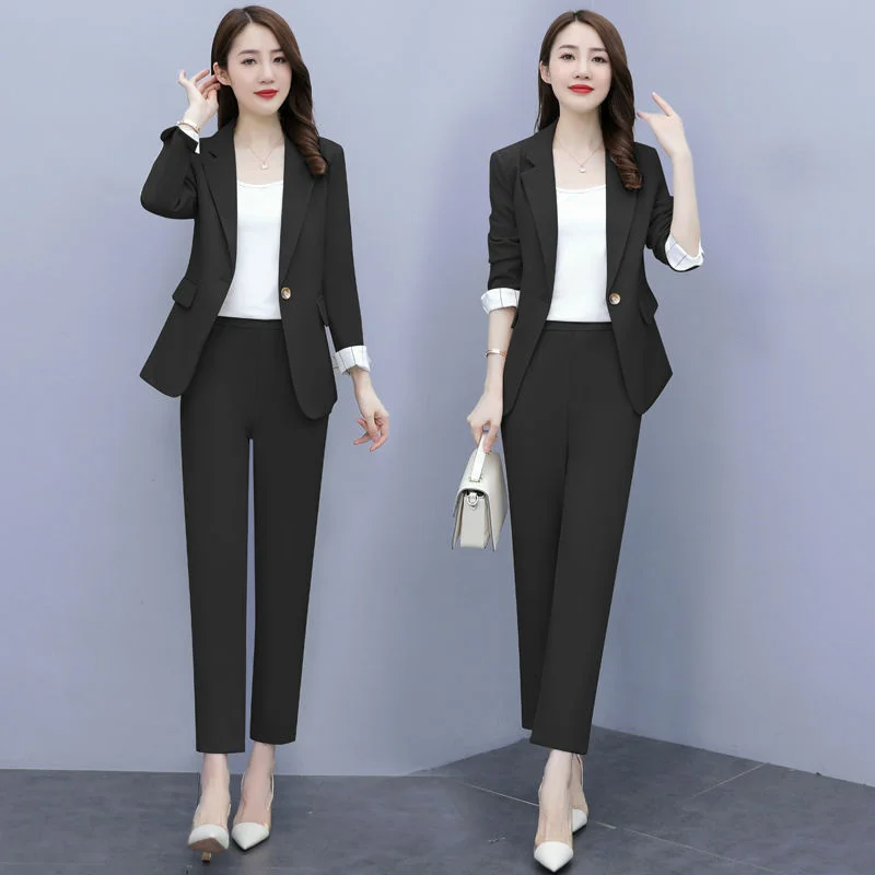 PEONFLY2023 Women Single Botton Work Blazer Suits Slim Loose Casual Pants Blazers Jackets With Trouser Two Pieces Set