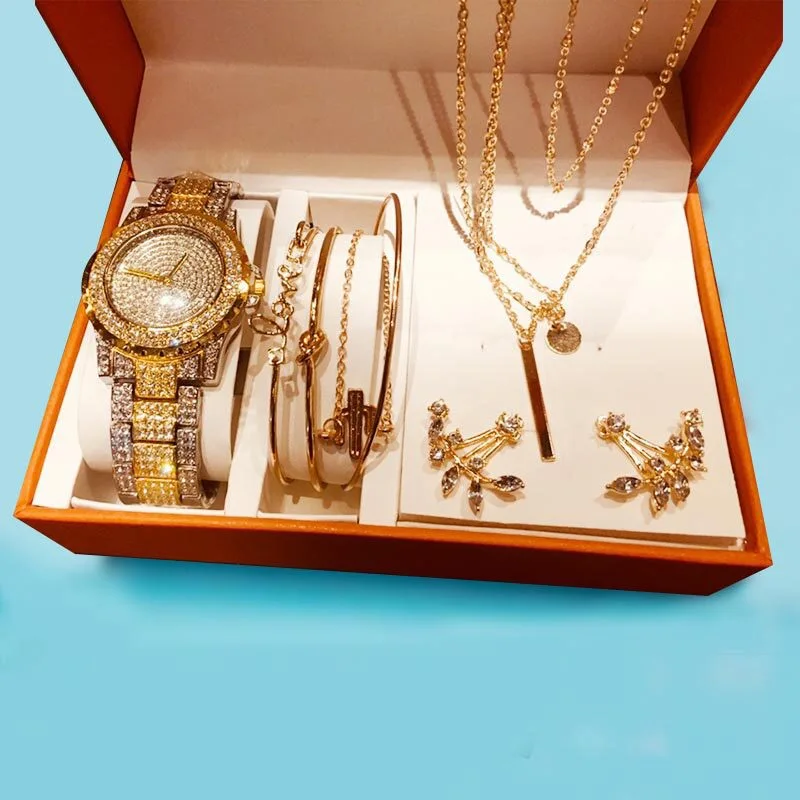 Conjunto de relojes de lujo para mujer, reloj de cuarzo con diamantes de imitación, hojas creativas, collar, pulseras, pendientes, conjunto de