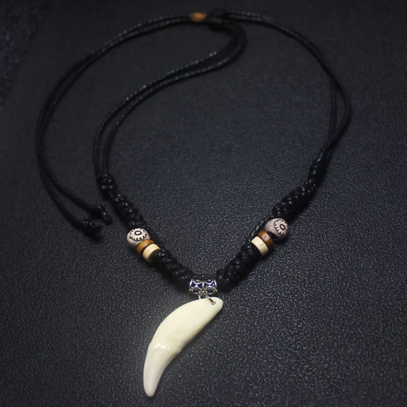 Wolf Tooth Necklace Man Fashion Ornaments  Black rope Rock Pendant Ethnic Style Retro