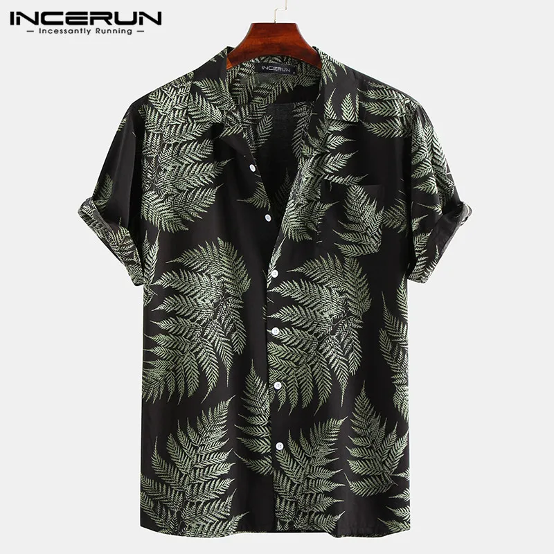 INCERUN Hommes Manches Courtes Revers Imprimé Chemise Motif Du Cuir oral elu Tropical Floral Chemise Décontractée D\'été Hawaïenne Vacances Camisa