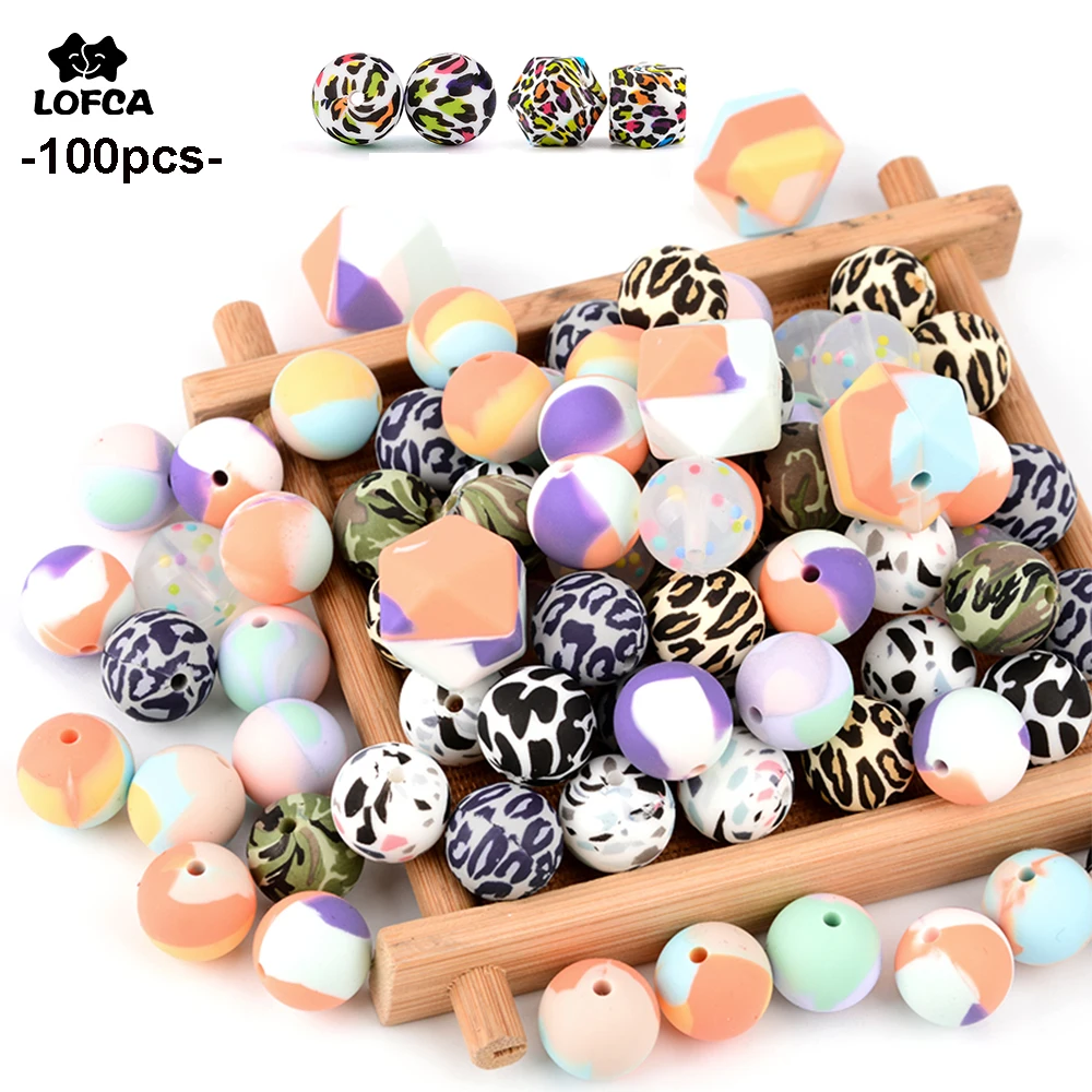 LOFCA 100pcs Tie dye leopard Terrazzo Dalmatian camo Silicone Loose Beads Silicone Teether BPA Food Grade Necklace Jewelry