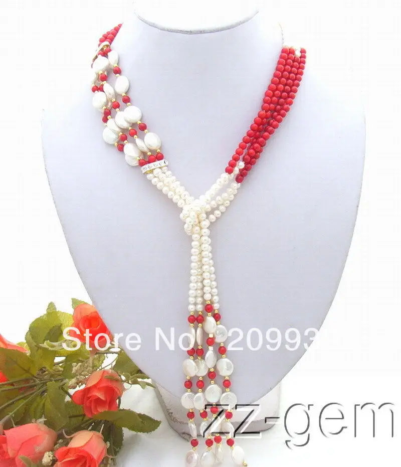 

huij 00174 4Strds Red Coral&12mm Coin Pearl Necklace