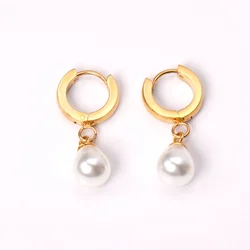 Stainless Steel Gold Plated Women's Fashion White Pearl Pendant Earrings Wedding Party Jewelry Gifts Sweet and Versatile High