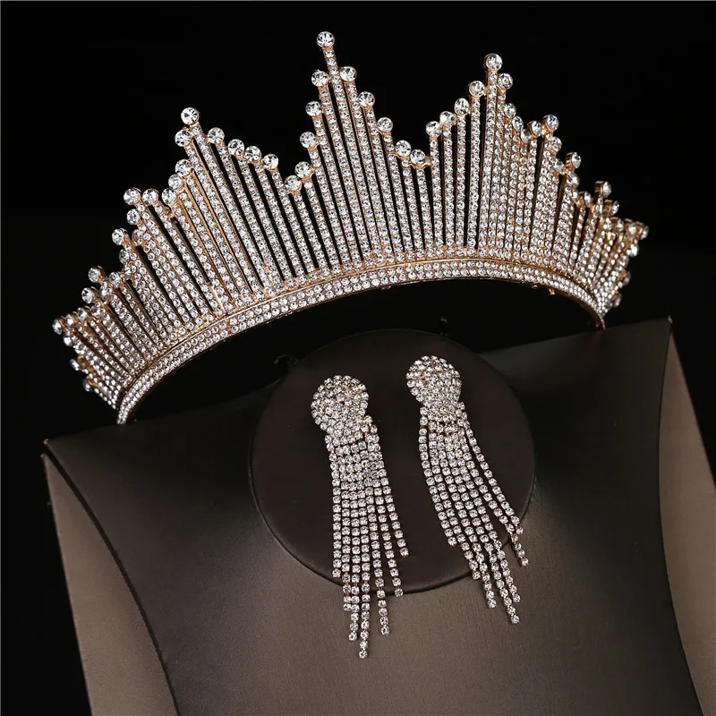 Baroque Luxury Silver Color Crystal Bridal Tiaras Crown With Earrings Rhinestone Pageant Diadem Wedding Hair Accessories Bijoux