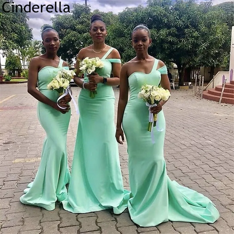 Vestidos de dama-de-honra, verde de hortelã, um ombro, spandex, cetim, vestidos de sereia, com zíper, vestidos para festa de casamento