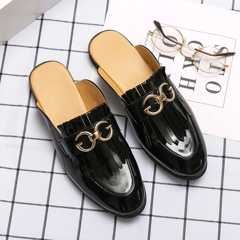 SHENCE Men Half Dress Shoes Indoor Patent Leather Slippers Plus Size 38-48 Loafers Moccasins Mens Mules Casual Shoes