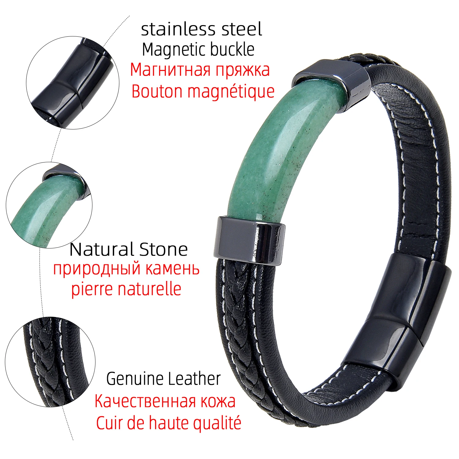 Luxury Natural Stone Men Black Braided Leather Bracelet Stainless Steel Magnetic Buckle Trendy Charm Bracelet Homme Jewelry
