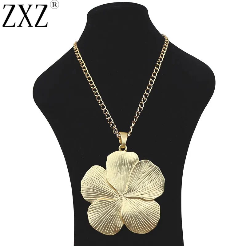 

ZXZ Matt Gold Fashion Metal Alloy Large Flower Jewelry Charm Pendant Necklace on Long Link Chain Lagenlook