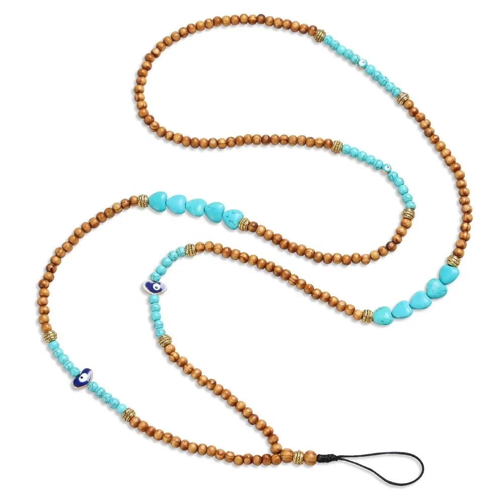 Classic Women Men Mobile Phone Lanyard Strap Wooden Green Beads Chain Cord Fashion Jewelry Boho Straps