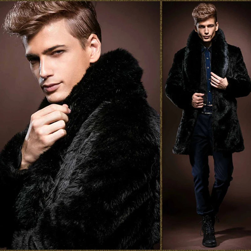 Free Shipping New men\'s black imitation rabbit fur long slim fur coat male domineering personality warm imitation fur coat winter