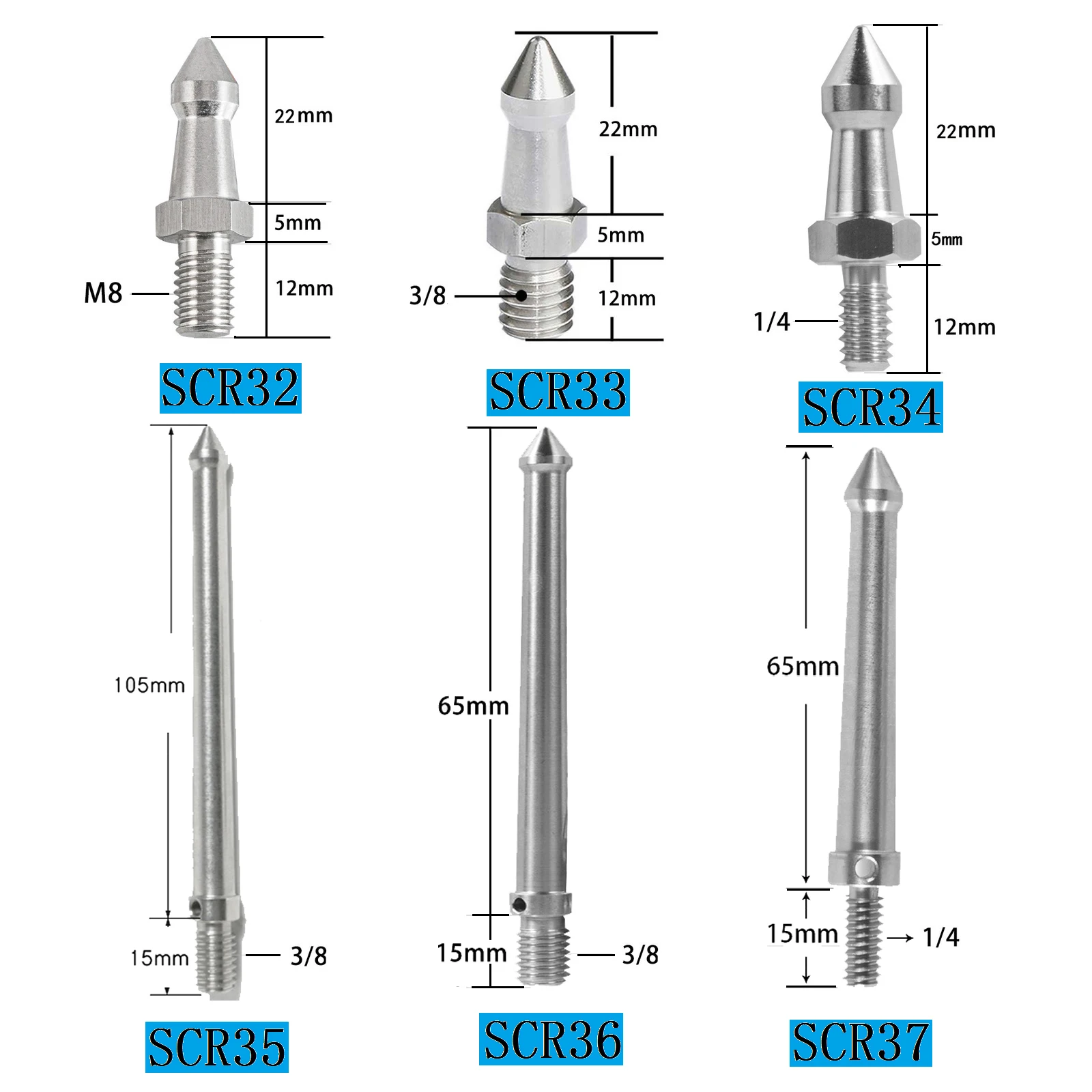 3/8,1/4 Inch Interface High Quality Stainless Steel Foot Spike for Monopod Tripod Camera Spikes Component  Mounting Stud Screw