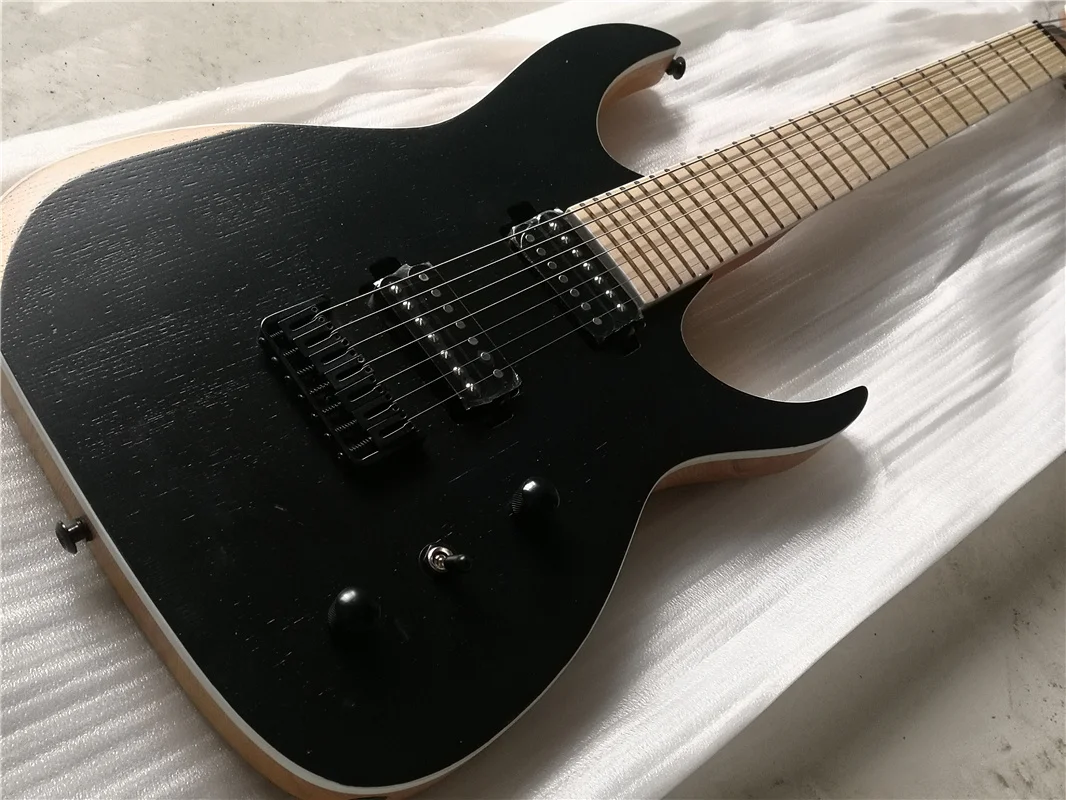 free shipping 7 strings guitar,matte black mah guitar,ASH wood body,black locked button,HH pickups,fixed bridge,maple fingerboar