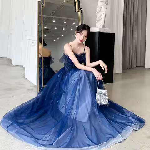 New sequines spaghetti royal blue long lady girl prom dress evening dress