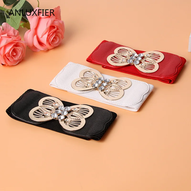 

H9875 Women Wide Belt Korean Elastic Waist Seal Ladies High Fashion Metal Buckle Waistband Diamond Decoration Elegant Girdle